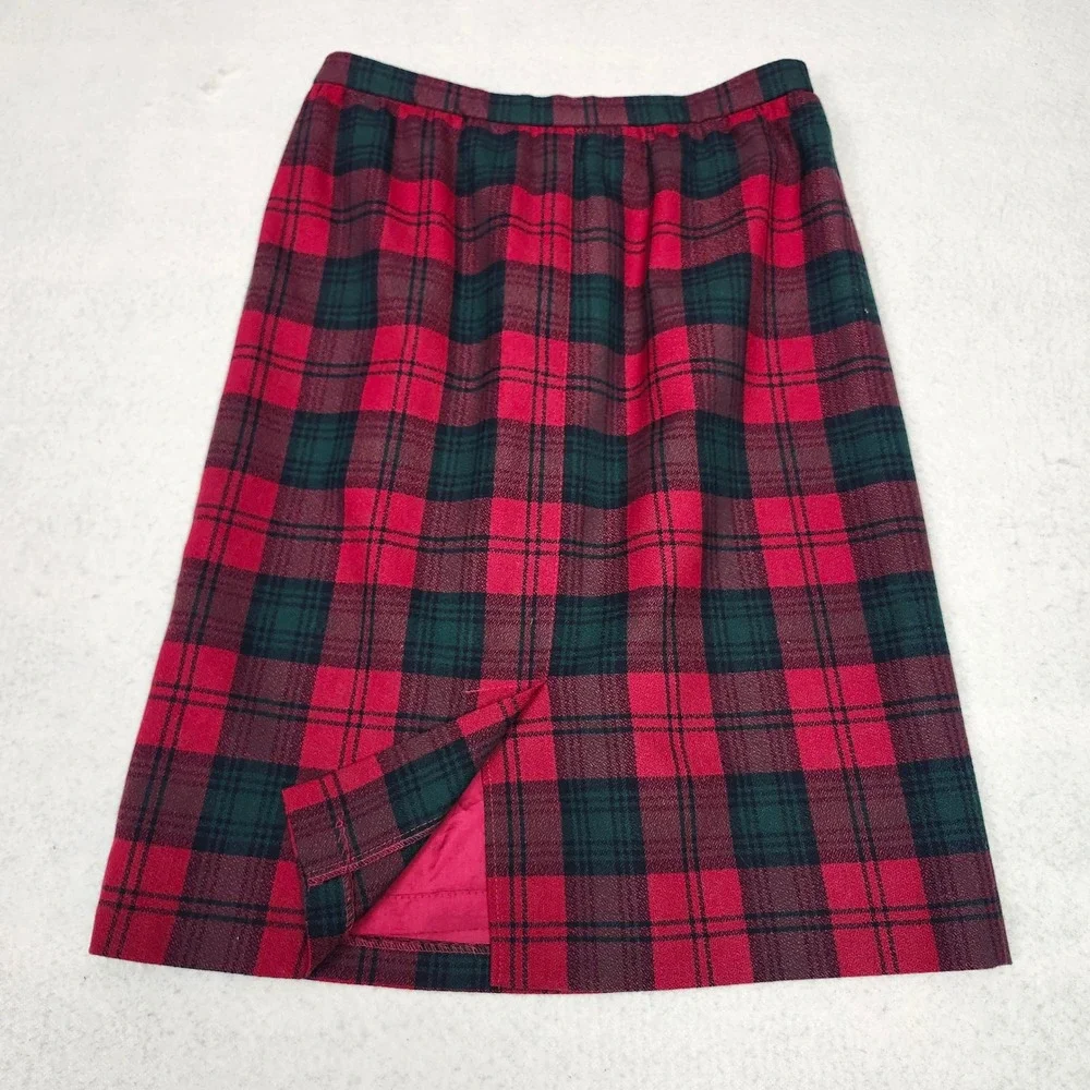 Vintage Tartan Plaid Wool Blend Midi Skirt Red Green Preppy Academic USA 8P
